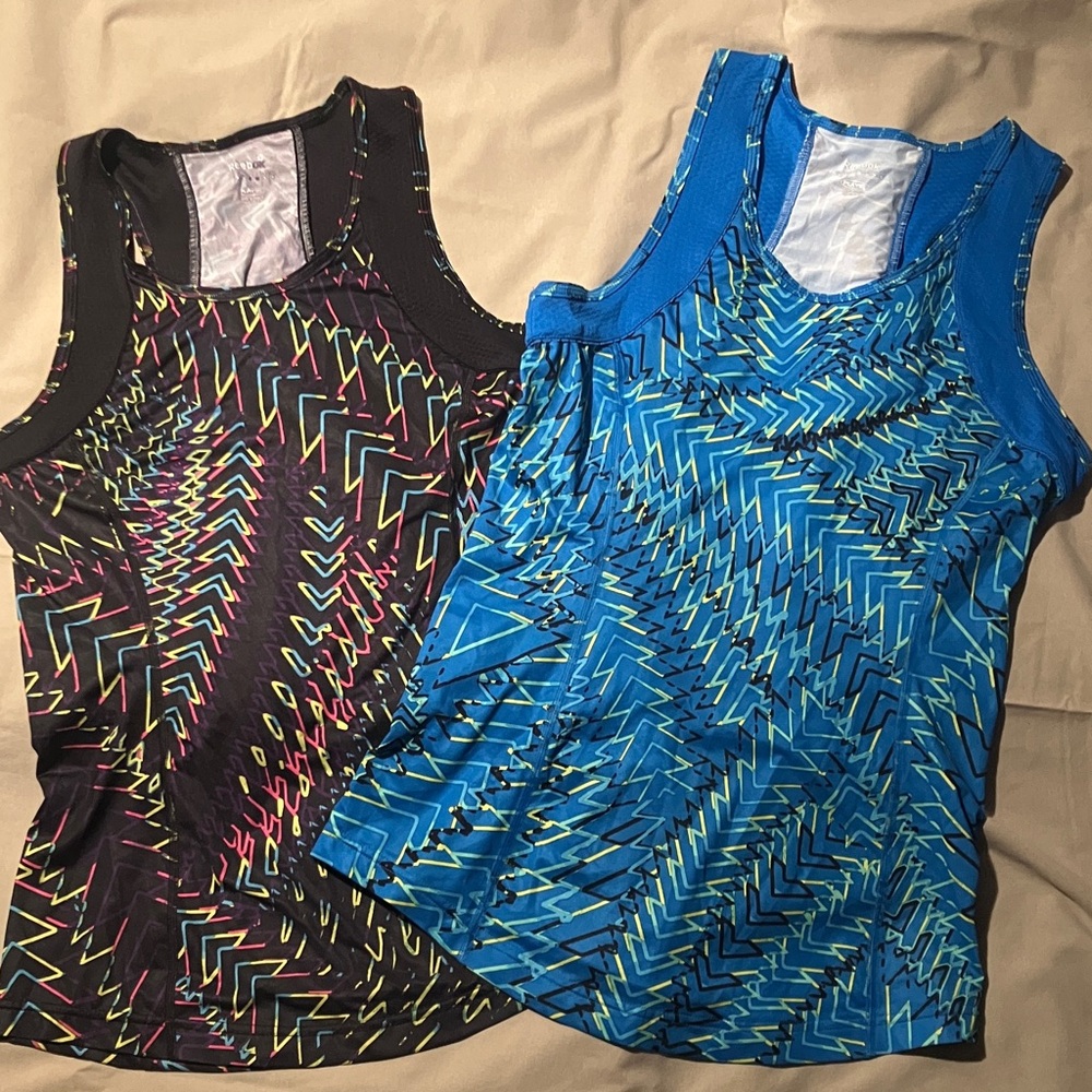 Reebok Women's PlayDRY Black and Blue Patterned Tank Tops